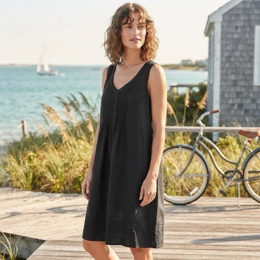 J. Jill Sz L 100% Linen Black Embroidered V-Neck Coastal Minimalist Shift Dress